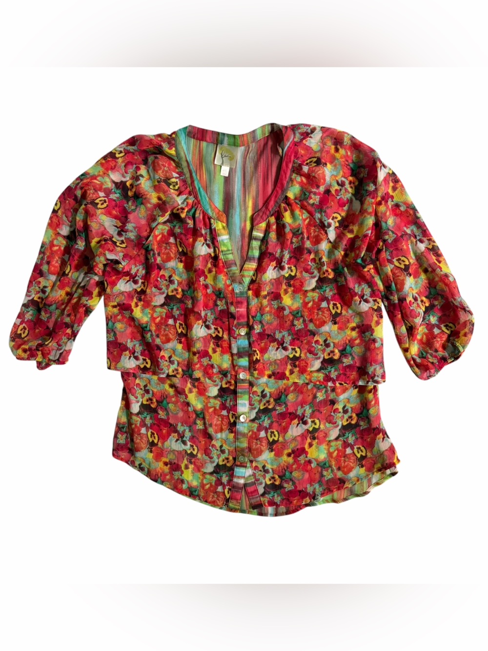 Fig & Flower Floral Striped Sheer Button Up Blouse Womens Medium Boho Top